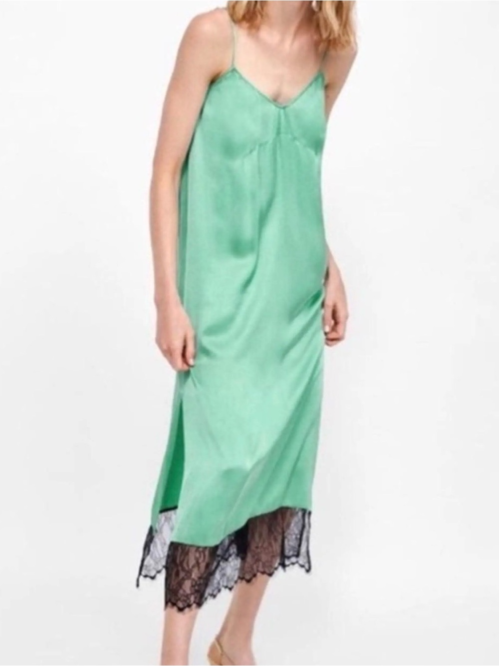 NWT Zara Green Black Lace Slip Dress Midi S
